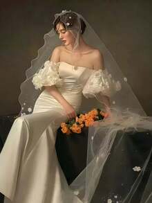 一件法式复古蕾丝荷叶边串珠新娘头纱，纯白色新娘头饰，饰以花卉刺绣薄纱，优雅简约的珍珠头饰，DIY薄纱婚纱配饰，高端浪漫公主风头饰，柔软长款教堂式新娘头纱，适合派对、摄影、正式晚宴、华尔兹、仙女装扮、教堂婚礼、短途旅行，浪漫清新。情人节、派对、婚礼的完美配饰。 - 彩色 - 查看 4