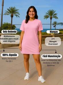 Vestido Camisetão Alongada Feminino Malha Longline T-shirt  Casual    Praia  Férias - Rosa Bebê - Visão 4
