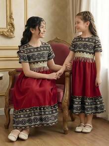 Vestido com Acabamento de Borla para Meninas, Gola Redonda Clássica, Confortável e Amigável à Pele, Uso Casual Diário e de Férias, Elegante e Enérgico - Multicolorido - Visão 4