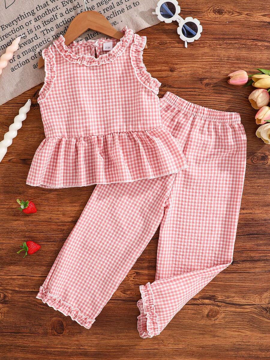 Bộ quần áo 2 món cho bé gái, gồm áo không tay bèo nhún và quần cạp chun, set quần áo 2 món cho trẻ nhỏ. - Hồng - Xem 1