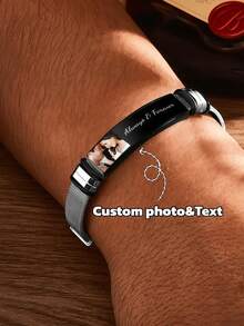 Customized Photo & Engraved Stainless Steel Bracelet Gift, Suitable For Couples, Black, Silver Style, Autumn Fashion, Retro, Contract, Simple Customization, Personalized, Unique Ideal Gift - Custom Mesh Watch Strap Bracelet - View 2