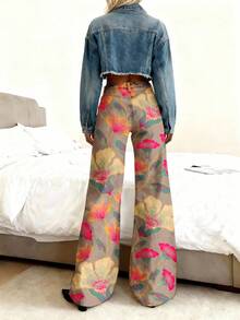 3D Floral Pattern With Pink Yellow And Green Accents Women's Imitation Jeans Autumn And Winter Cowboy Attire High-Elastic Slim Fit Embroidery Design Formal Women's Wear - 彩色 - 查看 3
