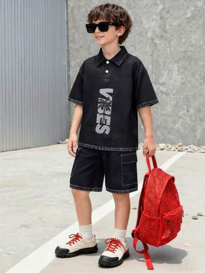 两件套：青少年男童复古牛仔风短袖T恤和工装短裤，“VIBES”字母印花T恤搭配大口袋短裤，复古休闲街头风，适合日常、上学、户外活动
