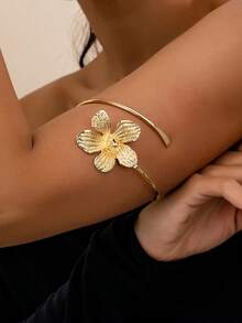 1pc Elegant Metallic Flower Arm Cuff, Fashionable Everyday & Holiday Wear For Women - Golden - View 7
