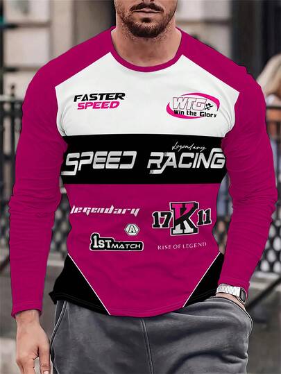 2026秋季新款男士印花圆领T恤，赛车风格红/白/黑数字印花长袖T恤