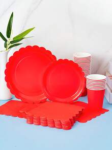 8pcs Red Petal Shaped Disposable Plates, Napkins, Cups Party Supplies Set, Suitable For Birthday, Wedding, Theme Party, Family Picnic - Multicolor - View 3