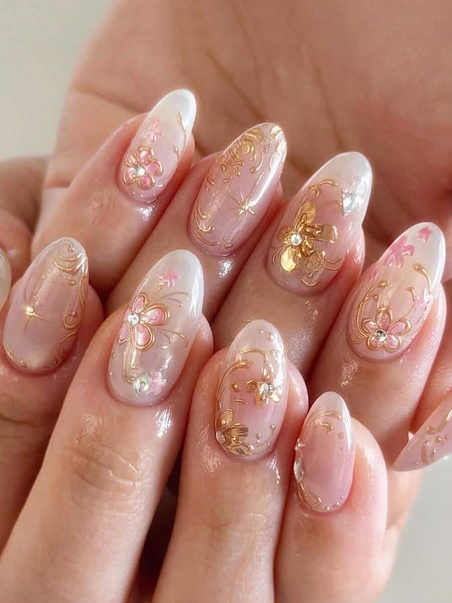 10片猫眼亚克力杏仁形渐变水钻装饰3D金色花卉图案假指甲，闪亮全覆盖，时尚Y2K法式风格，适合女性和女孩日常佩戴的美甲用品