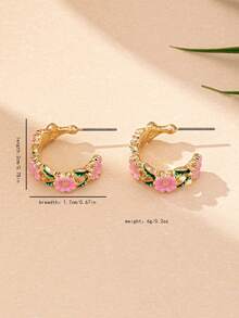 1 Pair Fashionable & Elegant Metal Enamel Flower Hoop Earrings, Suitable For Teenage Girls Daily Wear - Multicolor - View 4