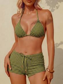 wohenmeili Bộ bikini buộc dây cổ kiểu Bohemian, bikini co giãn cao cấp, áo bơi tam giác buộc dây và quần lọt khe nhún bèo buộc dây bên hông dành cho nữ, đồ đi biển, đồ bơi nữ chất liệu kẻ caro đặc biệt cho kỳ nghỉ hè. - caro vàng đen - Xem 1
