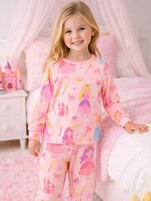 Set de 2 piezas de pijama de niña con estampado de varita mágica de princesa, cuello redondo, manga larga, ropa de dormir infantil, ropa de casa casual y cómoda, primavera/verano - Rosa - Ver 1