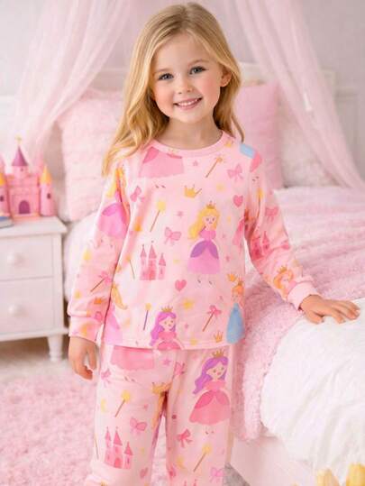 2pcs/Set Girls Cute Princess Magic Wand Print Pajama Set, Round Neck Long Sleeve Children Sleepwear, Casual Comfortable Homewear, Spring/Summer