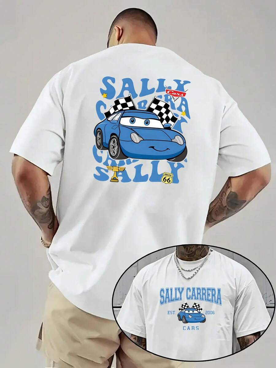 Disney Authorized-Men's Pure Cotton Short-Sleeved T-Shirt, 1 Disney Car Story Lightning McQueen Pattern Men's T-Shirt-Breathable And Light Summer Short-Sleeved, Designed By Sally Carrera, Regular Version Of Leisure Sports Party Shirts, Disney Family Clothes, Cartoon Patterns, Comfortable Fabrics And Durable Daily Wear. - trắng - Xem 1