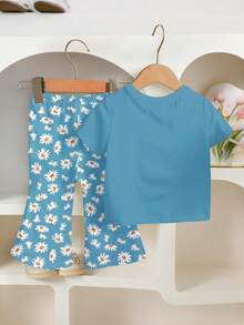 2pcs/Set Baby Girls' Casual Floral Print Short Sleeve T-Shirt And Elastic Waist Flare Pants Set, Summer Outfit For Baby Girl, 6-9M, 9-12M, 12-18M, 18-24M, 2-3Y - Blue - View 2