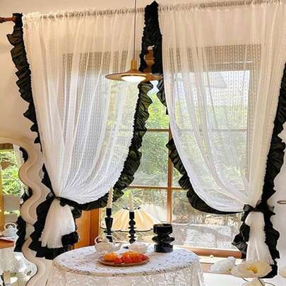 Rideau transparent à volants en dentelle de style rétro français, semi-transparent, avec poche pour tringle. Convient pour la chambre à coucher, le salon, la salle à manger, le balcon, les fenêtres d'appartement, crée une atmosphère romantique à la maison.