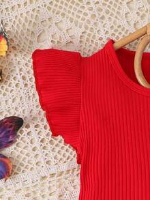 2pcs Young Girls Elegant Casual Red Cap Sleeve Top + Printed Shorts Set, Commuter Outfit - Red - View 5