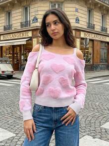 Women's Valentine's Day Heart Sweater Cold Shoulder Long Sleeve Knit Jumper Romantic Round Neck Pullover Tops - Pink - View 3