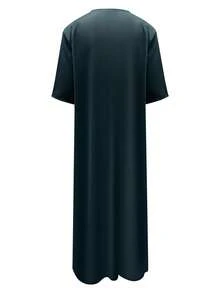 男士开斋节刺绣长袍 男士纯色套头衫 男士传统长袍（带口袋） - 墨綠色 - 查看 3