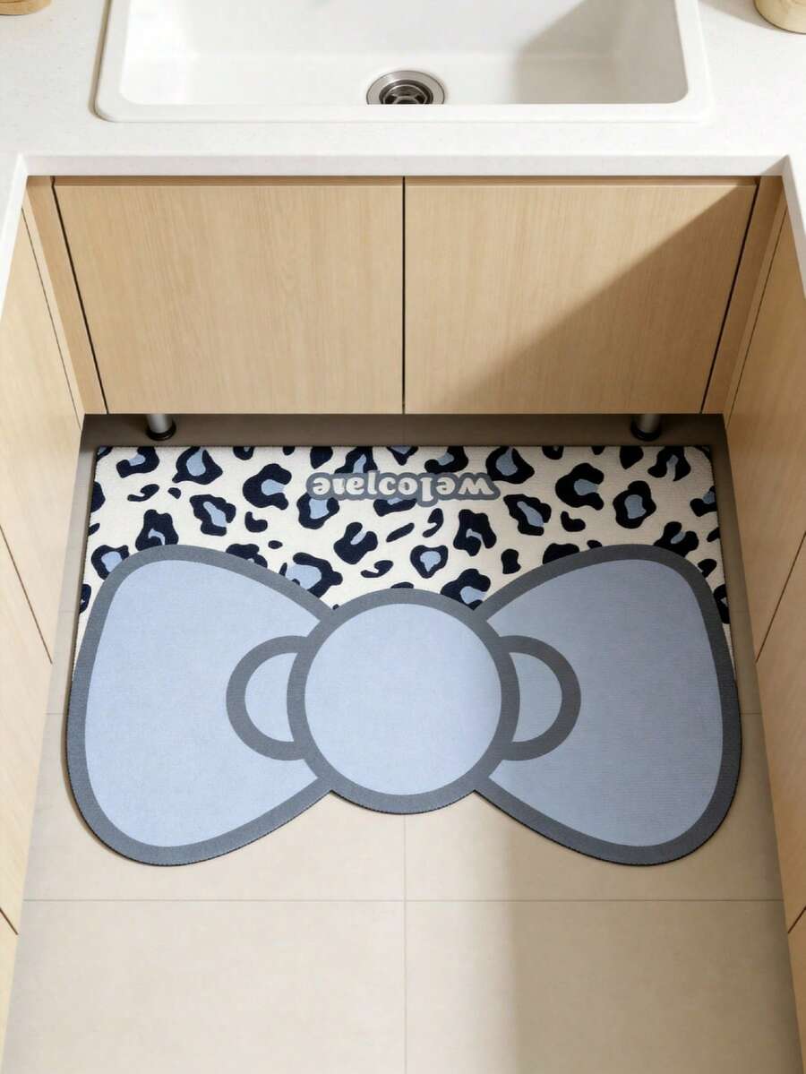 1pc Blue Bow Leopard Print Silicone Bathroom Mat, Cute & Fashionable Silicone Bathroom Carpet - Waterproof, Washable, Long Mat Suitable For Entryway, Hallway, Laundry Room, Living Room - Multicolor - View 1
