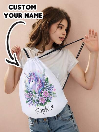 1pc Customized Cartoon Pony Name Drawstring Backpack, Can Be Customized According To Your Unique Design, Suitable For Children And Teenagers, Print Your Own Name Or Print Your Sister And Classmates' Names As Gifts