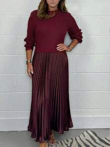 大码休闲纯色长袖针织拼接褶皱中长连衣裙，适合圣诞节、新年、女士优雅场合，红色春季款 - 酒紅色 - 查看 5