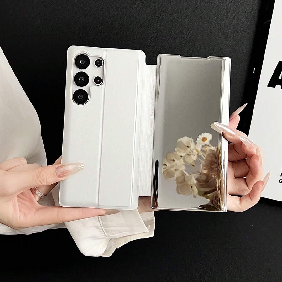 [3 en 1 Invisible] Funda de teléfono con soporte de espejo compatible con Samsung S23/S24/S25/S26/S26 Ultra, cubierta trasera de piel sintética de unicolor, diseño funcional y minimalista - Multicolor - Ver 1