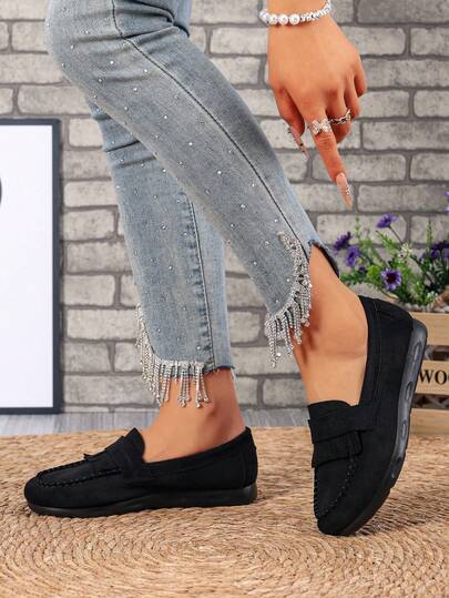 Women's Black Suede-Like Casual Loafers, Comfortable & Lightweight For Indoor/Outdoor Wear, All Season
