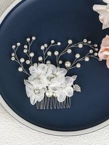 Lược cài tóc bằng voan trắng đính ngọc trai và pha lê, phụ kiện tóc cưới nhẹ nhàng thủ công dành cho cô dâu và phù dâu, kẹp tóc chụp ảnh đính hôn. - trắng - Xem 11