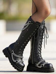 Women's Knee High Goth Platform Boots Y2K Style Chunky High Heel Combat Riding Boots Lace Up Punk Boots With Chain Motorcycle Boots With Zipper - Black - View 2