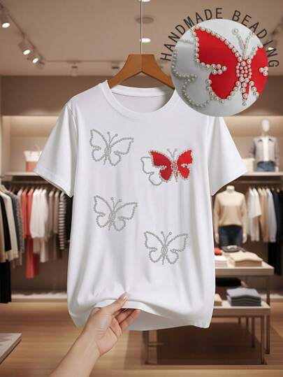 女士短袖T恤，纯色涤纶仿珍珠装饰T恤，适合约会、居家、日常穿着，春夏款