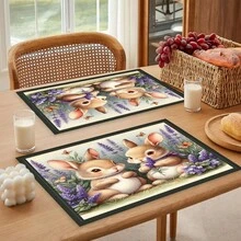 1pc/4pcs/6pcs/8pcs Vintage Rabbit Art Print Linen Placemats, Easter Gift, Easter Decor, Suitable For Dining Table, All Season Decoration, Modern Washable Tabletop Mat, Room Decor, Coasters, Kitchen Dining Placemats, Indoor Outdoor Party Decoration, Home Decor, Ideal Gift - Multicolor - View 6