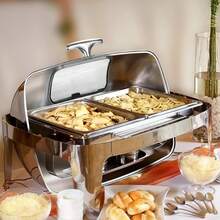 Calentador de Comida de Acero Inoxidable para Bufé, Chafing Dish Rectangular con Tapa Abatible y Soporte para Alcohol, Servidor de Bufé para Fiestas y Eventos - plata - Ver 5