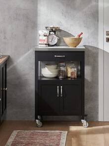 SoBuy Troli dapur dengan plat stainless steel di atas roda, kayu hitam - Hitam - View 1