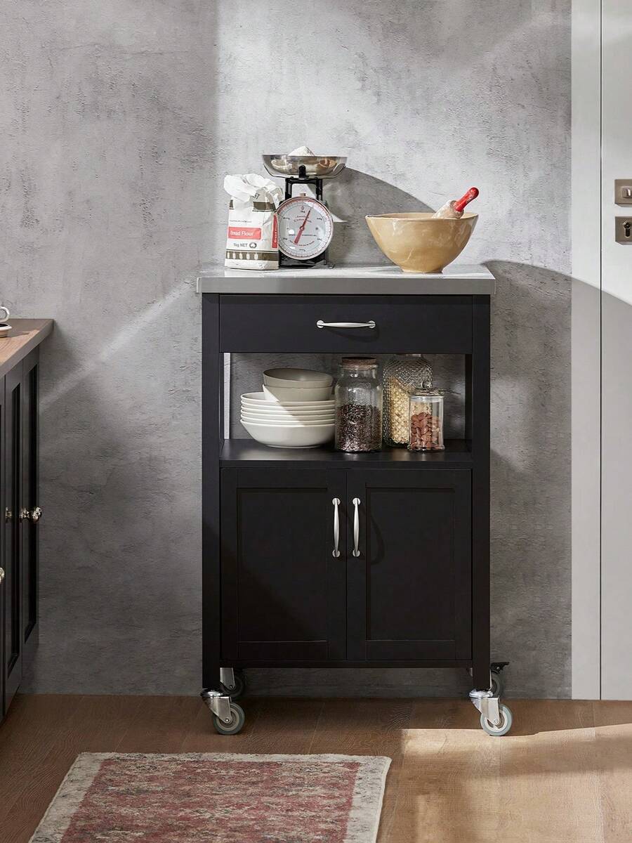 SoBuy Troli dapur dengan plat stainless steel di atas roda, kayu hitam - Hitam - View 1