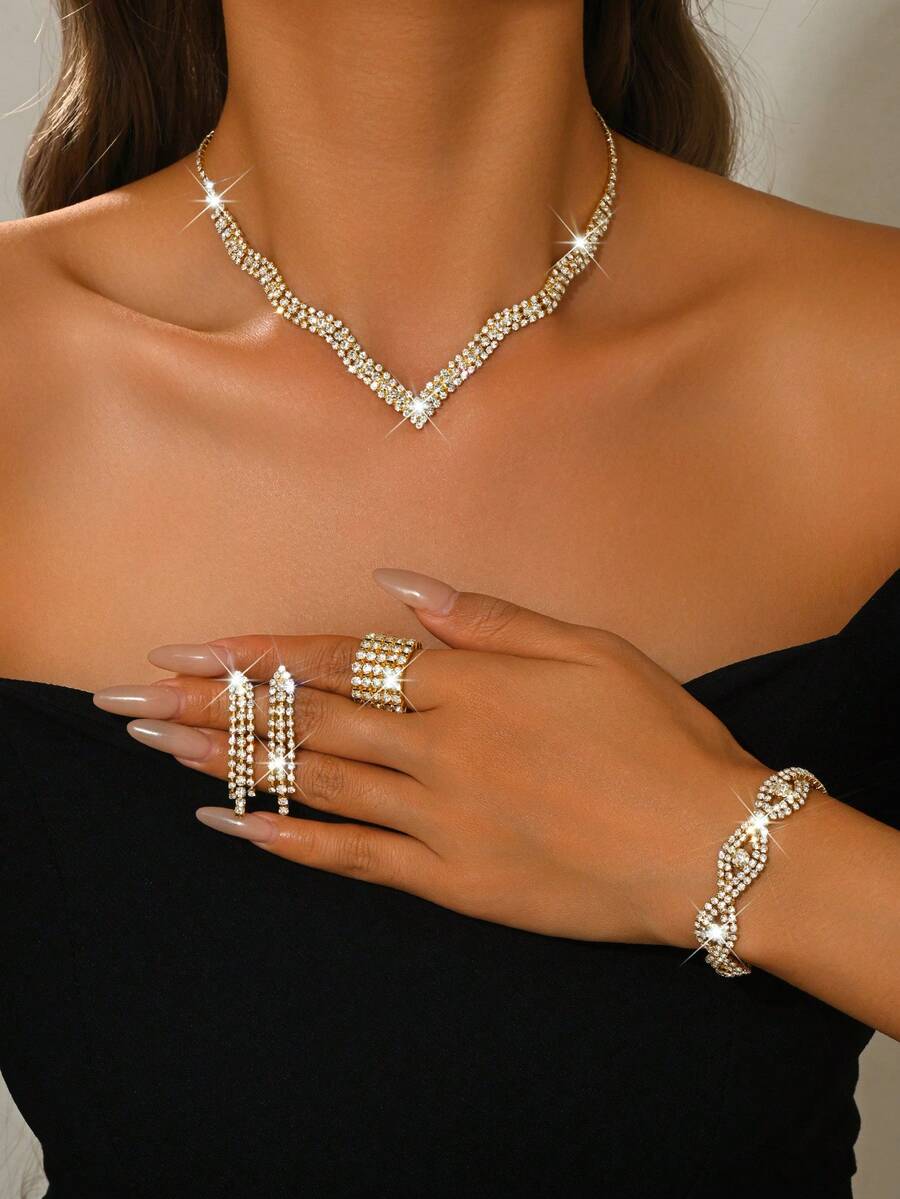 1pc V-Shaped Crystal Jewelry Set, Full Diamond Necklace, Earrings, Bracelet And Ring, Luxury Design, Formal Event Accessory, Gift For Valentine's Day/Mother's Day - Gold - View 1