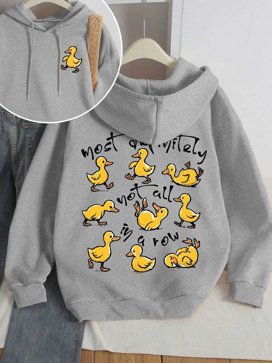 女士套头卫衣，常规版型长袖，鸭子印花 - 灰色 - 查看 1