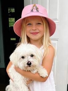 1顶女童粉色花卉字母图案渔夫帽，26个字母个性化时尚款，复古优雅轻便防晒，适合生日、节日、返校、四季休闲、户外、日常佩戴 - 粉色 - 查看 3