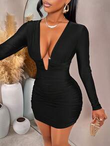 AIJ Amarilo Elegant Sexy Women's Short Deep V-Neck Long Sleeve Ruched Bodycon Mini Dress, Suitable For Parties And Night Out Black Spring - Black - View 9