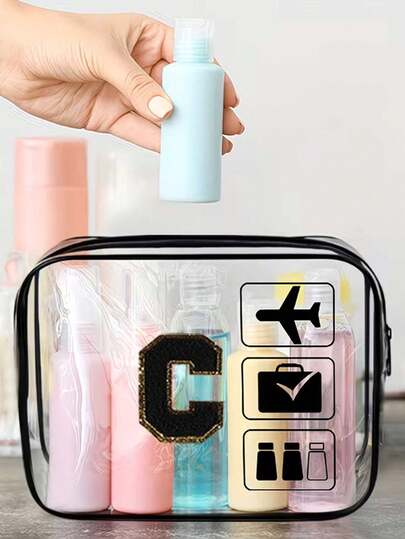 1个透明PVC便携式收纳袋，黑色毛巾刺绣字母A-Z，大容量化妆品收纳包，防水，带拉链，化妆包，化妆品袋，旅行收纳包，美容包，可收纳口红、化妆刷、护肤品、手机、零钱、小物件，居家度假必备，适合大学生度假旅行，沙滩包，返校必备，沙滩巾收纳包，沙滩配件，夏季沙滩用品收纳袋