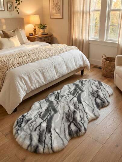 1pc Soft & Fluffy Faux Fur Marble Pattern Carpet, Suitable For Bedroom, Living Room, Study, Office, Entrance, Comfortable Mat, Washable & Anti-Slip, Lovely Indoor Decor Rug, For Indoor Use, Luxury Minimalist Living Room Carpet, Asymmetrical Shape, Bedroom Rug
