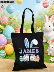Personalized Easter Bunny Canvas Tote Bag, Customizable Easter Tote Bag With Name, Bunny Ear Easter Tote Bag, Children's Easter Tote Bag, Reusable Tote Bag, Easter Basket, Happy Easter, Easter Gift - Multicolor - View 5