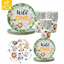 Conjunto de 1 unidade com pratos, guardanapos e copos descartáveis com tema de animais da selva. Ideal para festas de aniversário, casamentos, festas temáticas e piqueniques em família. Suprimentos descartáveis de papel para uma única utilização, adequados para até 8 convidados. - Multicolorido - Ver 1