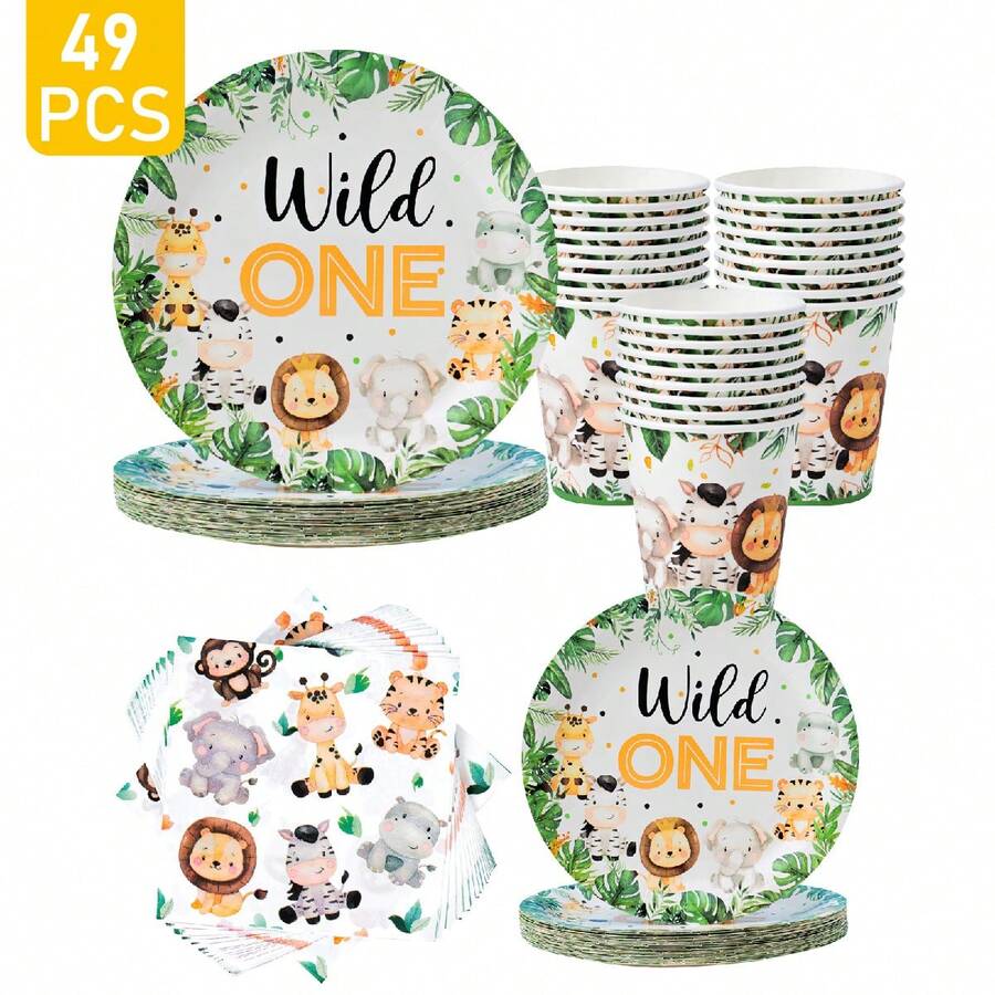Conjunto de 1 unidade com pratos, guardanapos e copos descartáveis com tema de animais da selva. Ideal para festas de aniversário, casamentos, festas temáticas e piqueniques em família. Suprimentos descartáveis de papel para uma única utilização, adequados para até 8 convidados. - Multicolorido - Ver 1
