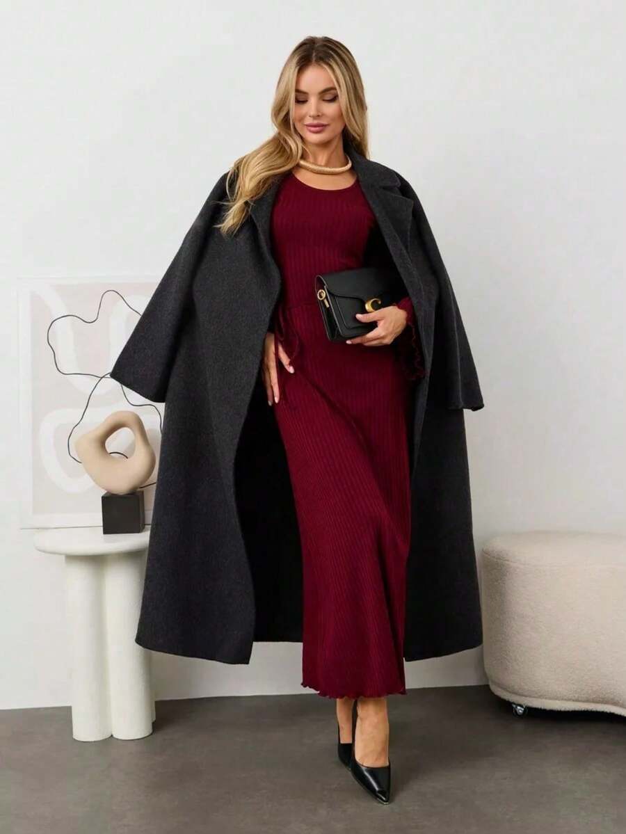 [excelente]Ropa de mujer otoño suelta cuello u enrollado borde trasero atado vestido de manga larga niños - Burdeos - Ver 1