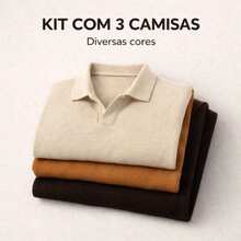 Kit Of 3 Textured Italian Polo Shirts Without Buttons, Slim Sleeves. - Black, Black and Black - View 1
