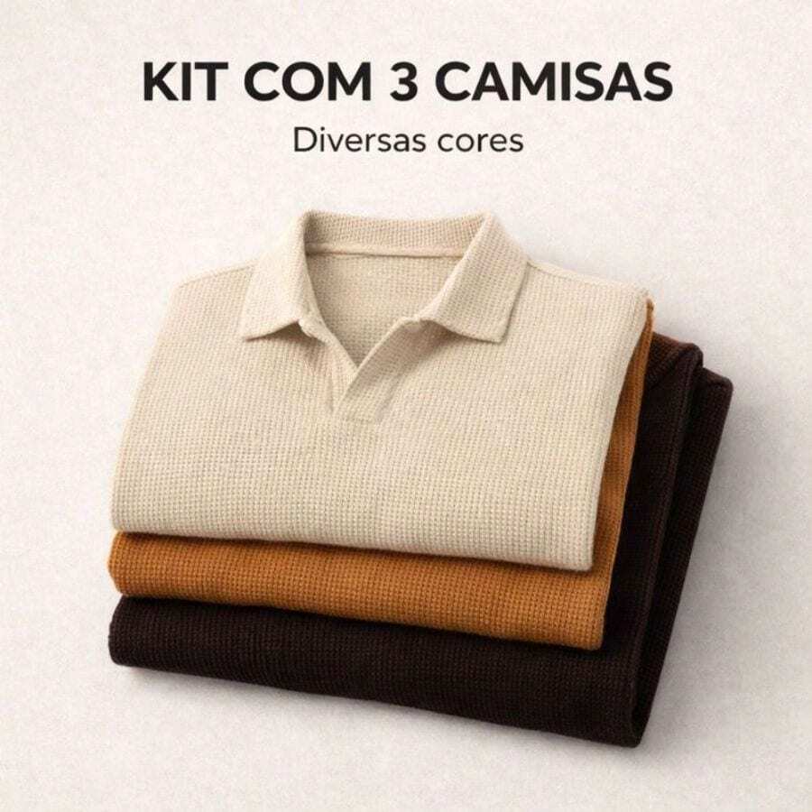 Kit Of 3 Textured Italian Polo Shirts Without Buttons, Slim Sleeves. - Black, Black and Black - View 1