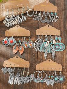 TopHanqi Ensemble De 18 Paires De Boucles D'oreilles Pendantes En Alliage Conçues Avec Des Plaques En Argent Antique Style Vintage Boheemian Vacances Florales, Cercle, Coeur, Gourde, Design Géométrique Et Évidé, Adapté Aux Femmes De La Vie Quotidienne, Du Travail, Des Voyages, Des Vacances, En Toutes Saisons Avec Des Styles Multiples Simples, Élégants Et . - Argent ancien - Voir 9