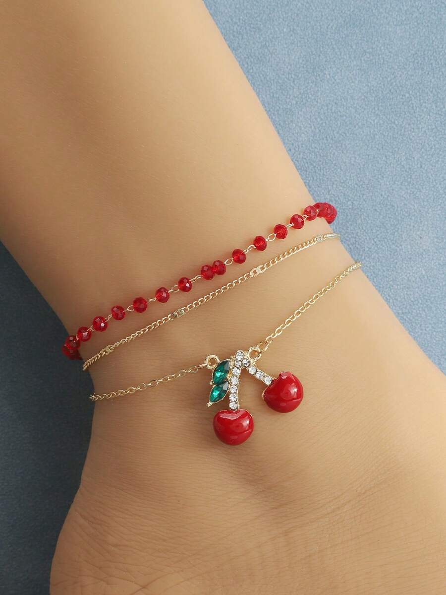 1pc Cute Sweet Summer Versatile Fruit & Cherry Layered Minimalist Anklet - Multicolor - View 1