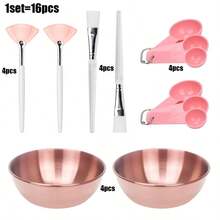 2/4/8/16/24件套面膜搅拌碗套装 - 美容用品，DIY面膜搅拌工具，面膜涂抹刷套装，2个玫瑰金面膜碗，2个扇形面膜刷，2个扁平面膜刷，2个量勺，可选金色、玫瑰金和原木色 - 彩色 - 查看 17
