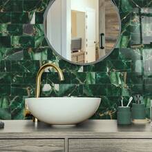 Luxury Green Marble With Gold Veins Self-Adhesive Tile Stickers 4x8 Inch Thickened Crystal Foam Waterproof Oil-Proof Backsplash Tiles For Kitchen 16/32/64 Pcs - SJM - View 2