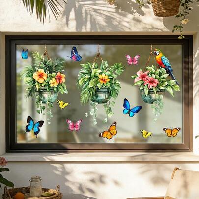 1/3 Stücke elektrostatisch haftende Fensterfolie. Abnehmbar, wasserfestes PVC. Faultier, Papagei, Sommer Strand Stil Muster Design. Geeignet für Schlafzimmer, Badezimmer und Heimdekoration.